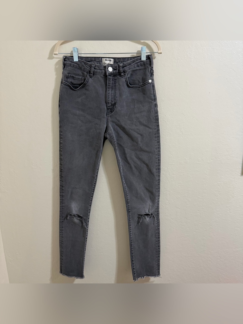 Acne Studios Black Distressed Skinny Jeans | 30/32 mid-rise raw frayed hem